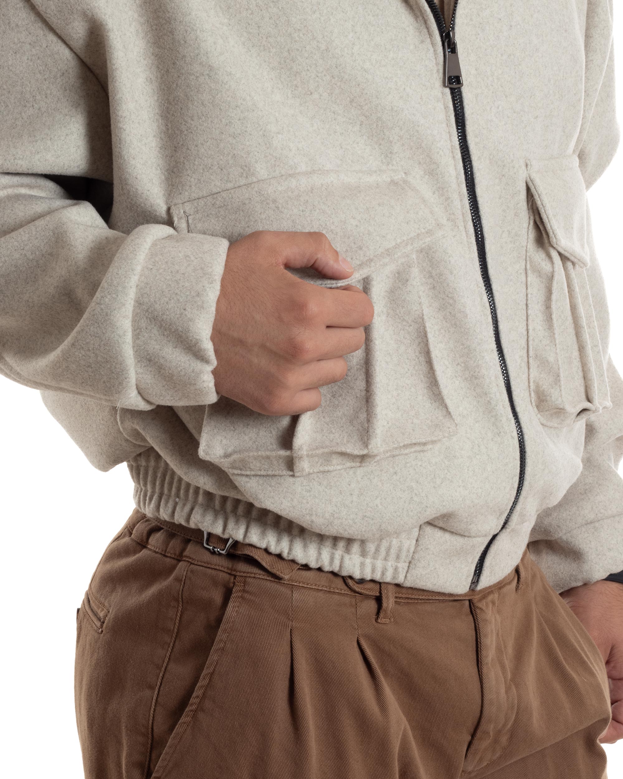 Giubbotto Uomo Bomber Corto Cropped Relaxed fit Tasche Zip Colletto Casual Elegante Caldo Beige GIOSAL-G3282A