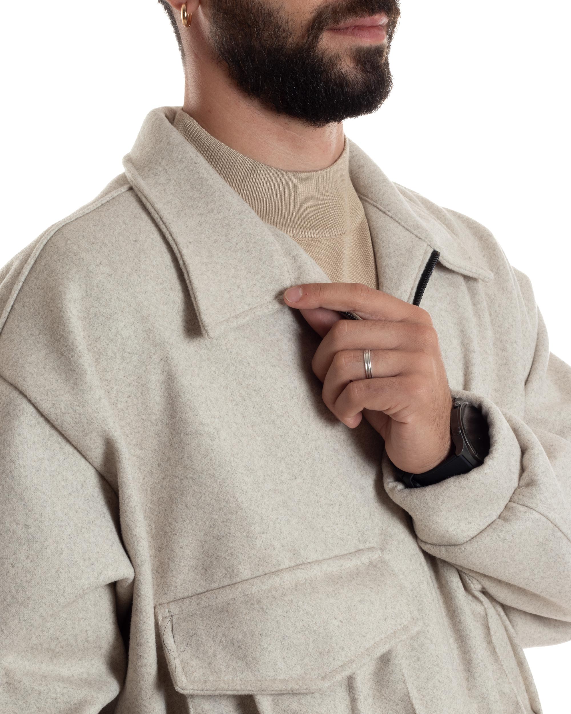 Giubbotto Uomo Bomber Corto Cropped Relaxed fit Tasche Zip Colletto Casual Elegante Caldo Beige GIOSAL-G3282A