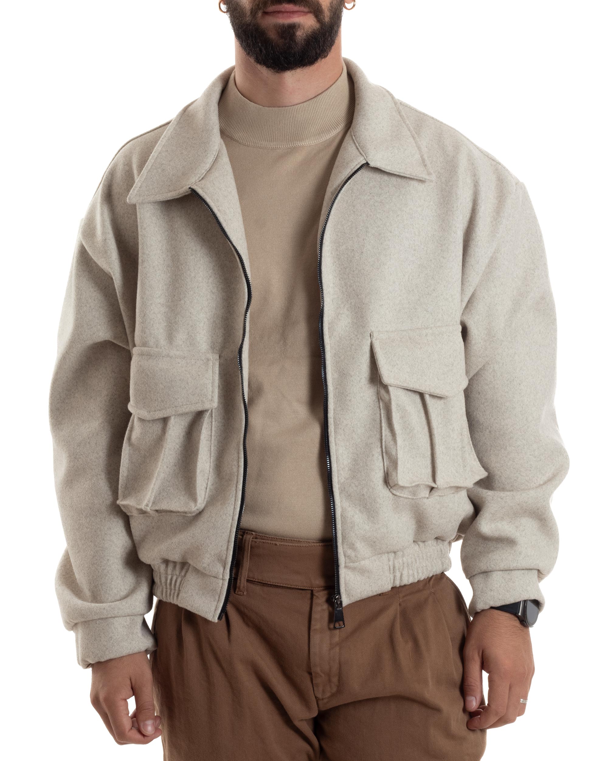Giubbotto Uomo Bomber Corto Cropped Relaxed fit Tasche Zip Colletto Casual Elegante Caldo Beige GIOSAL-G3282A