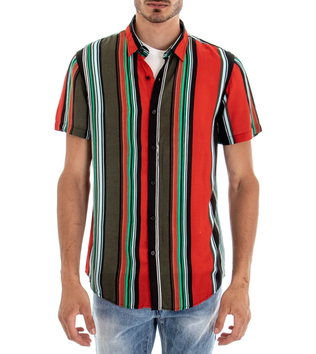 Camicia Manica Corta Uomo Fantasia Righe Rigata Colletto Rosso GIOSAL-CC1094A
