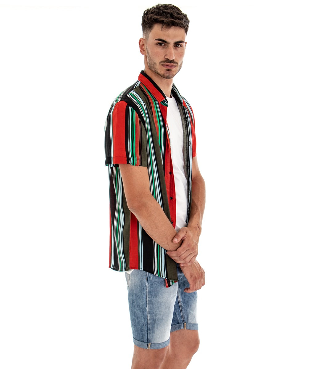 Camicia Manica Corta Uomo Fantasia Righe Rigata Colletto Rosso GIOSAL-CC1094A