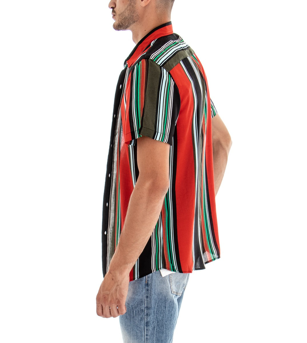 Camicia Manica Corta Uomo Fantasia Righe Rigata Colletto Rosso GIOSAL-CC1094A