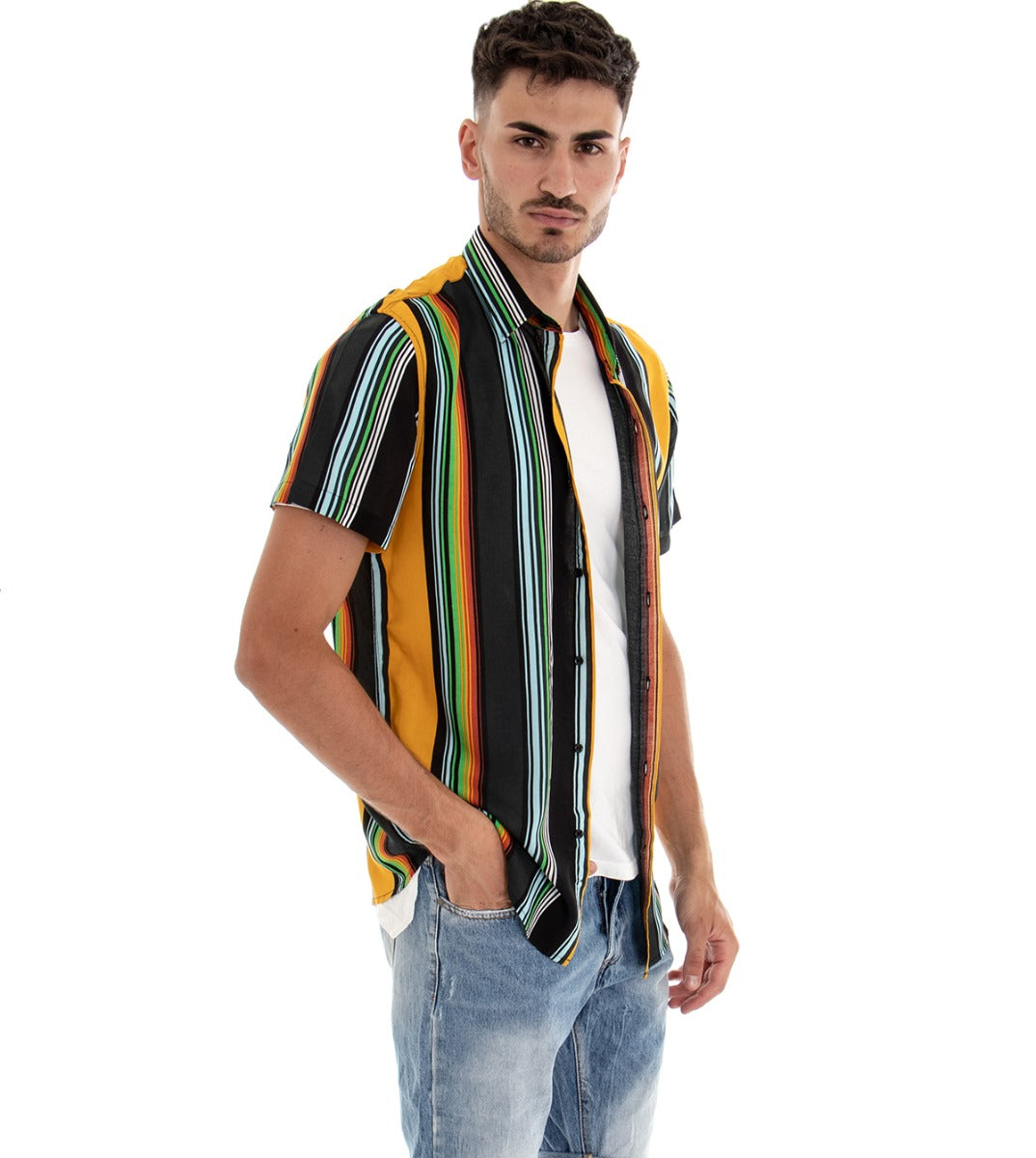 Camicia Manica Corta Uomo Fantasia Righe Rigata Colletto Giallo GIOSAL-CC1095A