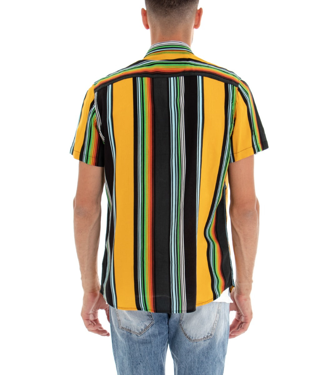 Camicia Manica Corta Uomo Fantasia Righe Rigata Colletto Giallo GIOSAL-CC1095A