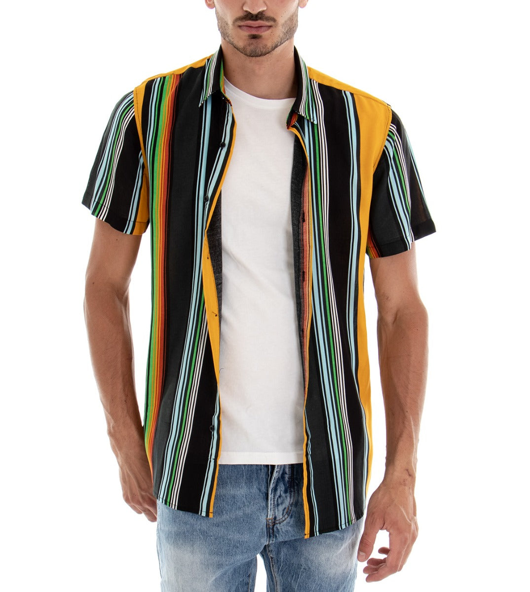 Camicia Manica Corta Uomo Fantasia Righe Rigata Colletto Giallo GIOSAL-CC1095A