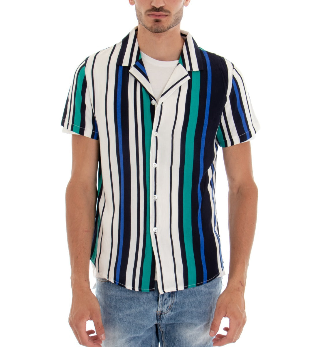 Camicia Manica Corta Uomo Fantasia Righe Rigata Colletto Verde Blu GIOSAL-CC1096A