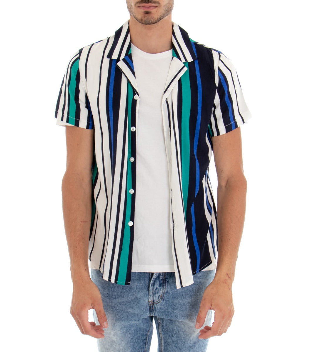 Camicia Manica Corta Uomo Fantasia Righe Rigata Colletto Verde Blu GIOSAL-CC1096A