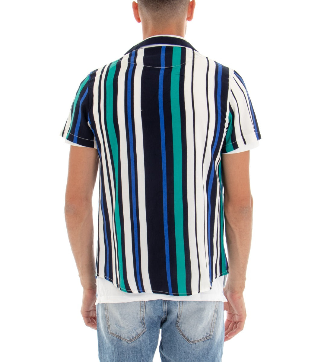 Camicia Manica Corta Uomo Fantasia Righe Rigata Colletto Verde Blu GIOSAL-CC1096A