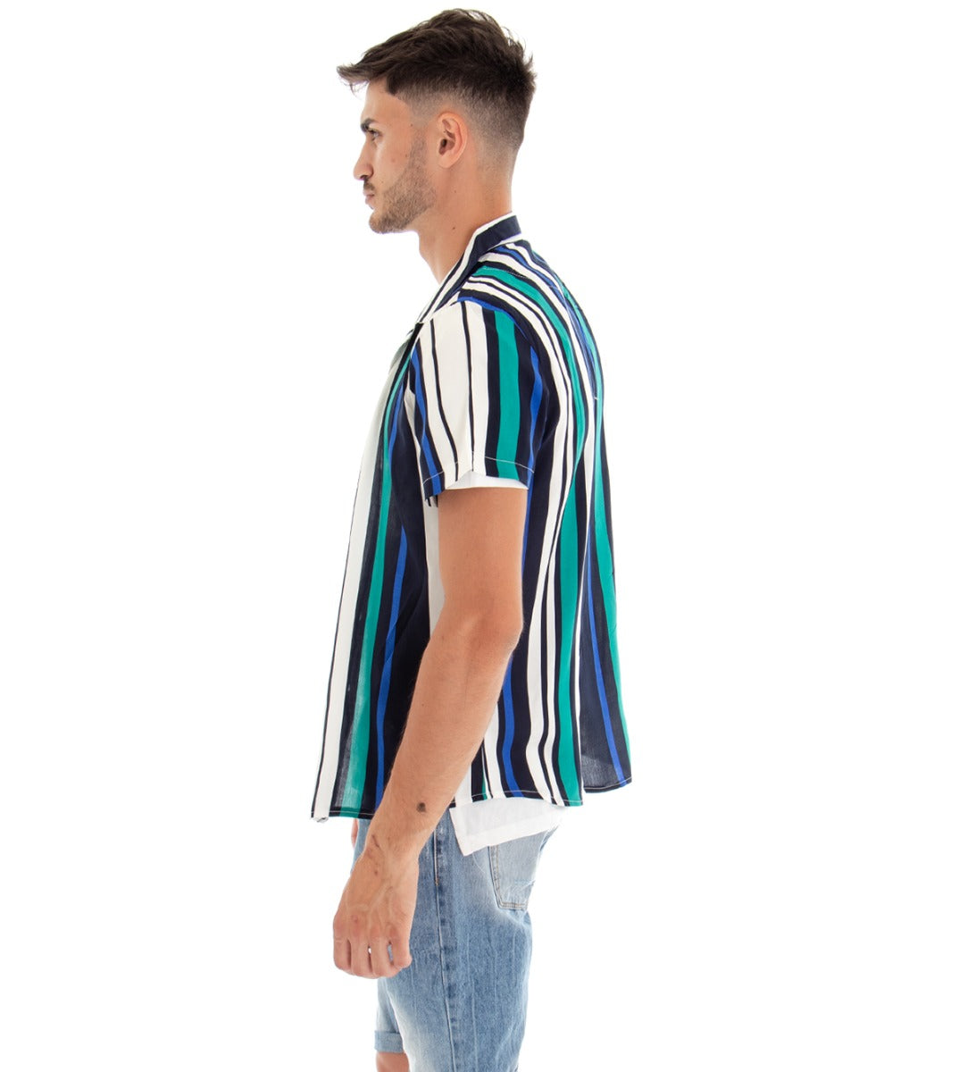 Camicia Manica Corta Uomo Fantasia Righe Rigata Colletto Verde Blu GIOSAL-CC1096A