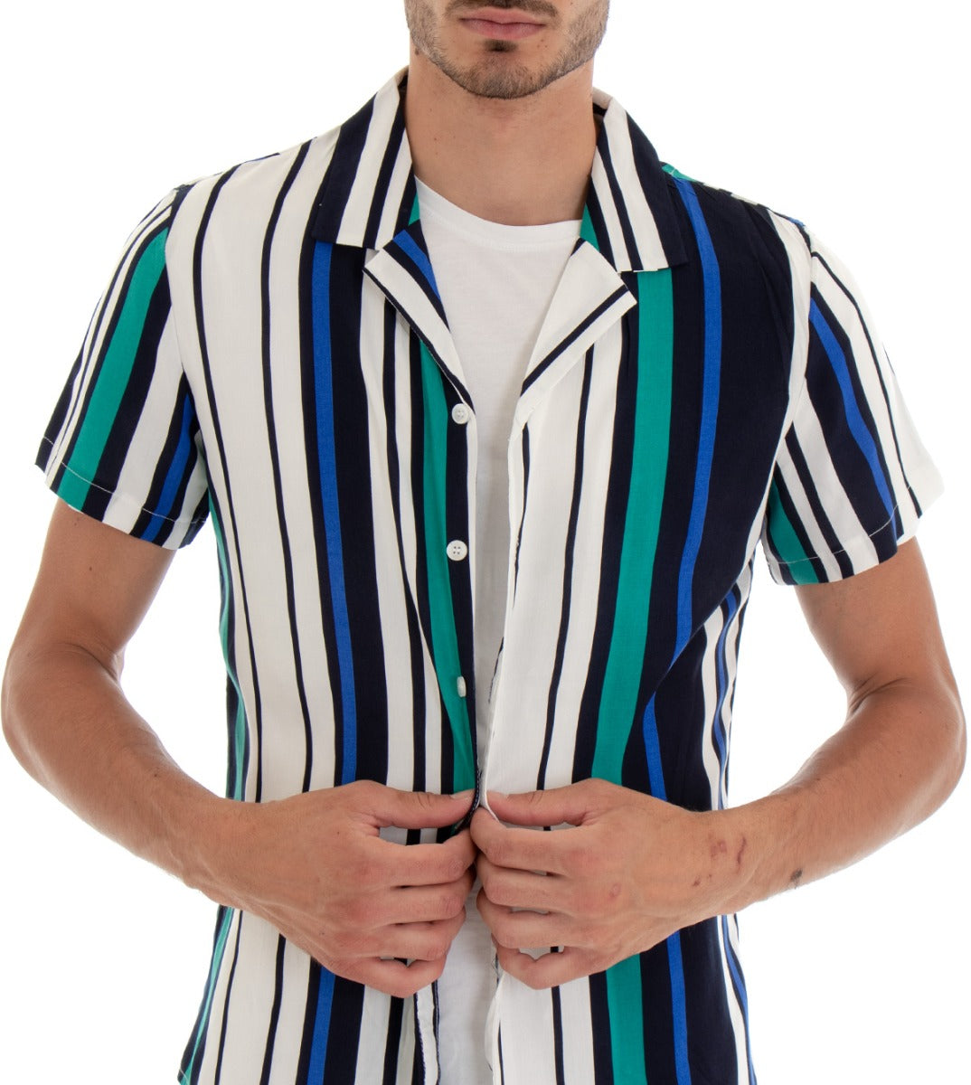 Camicia Manica Corta Uomo Fantasia Righe Rigata Colletto Verde Blu GIOSAL-CC1096A