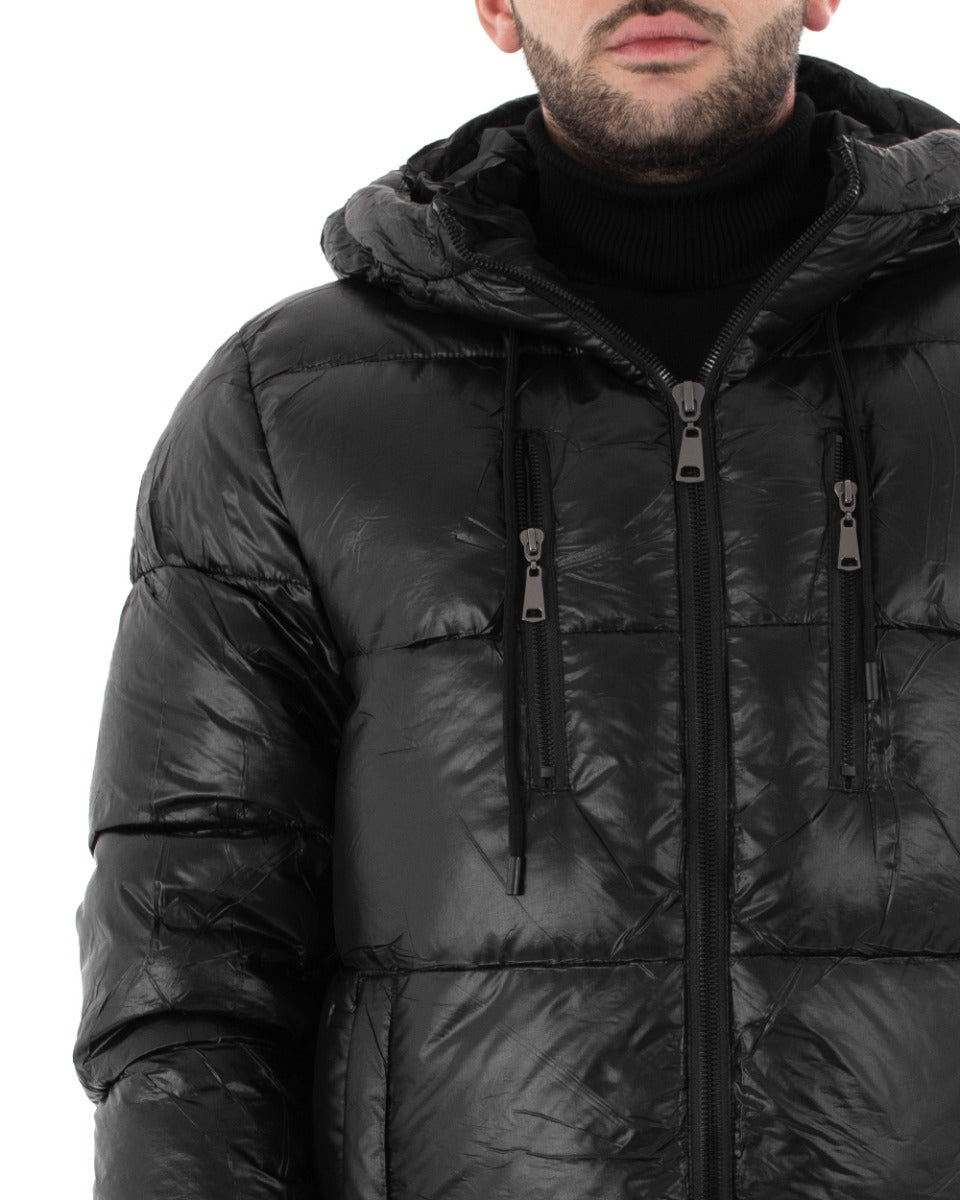 Giubbotto Uomo Bomber Tinta Unita Nero Lucido Opaco Puffer Trapuntato Cappuccio GIOSAL-G2729A