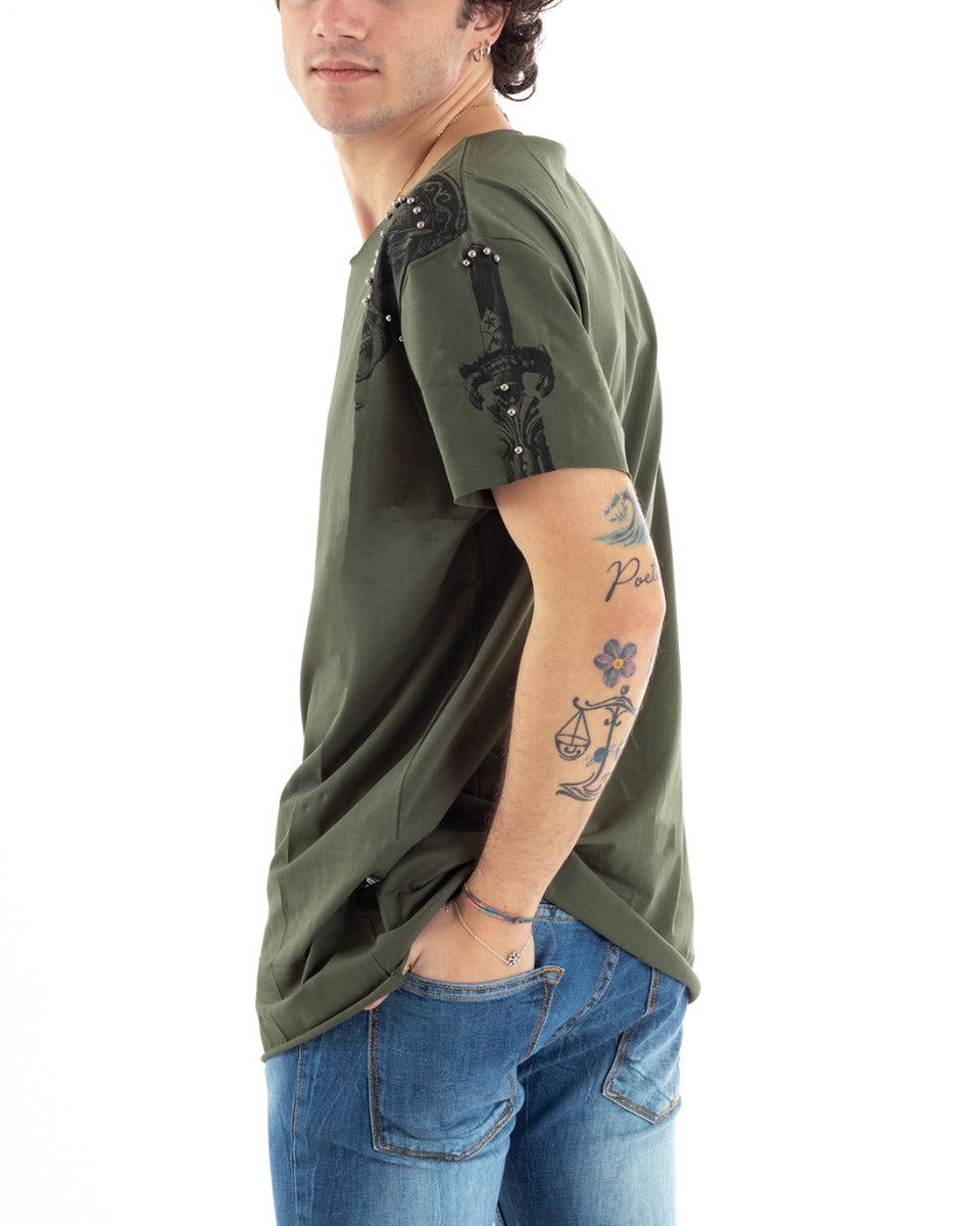 T-Shirt Uomo Mezza Manica Verde Militare Teschio Laterale Borchie Girocollo Casual Slim Tinta Unita GIOSAL