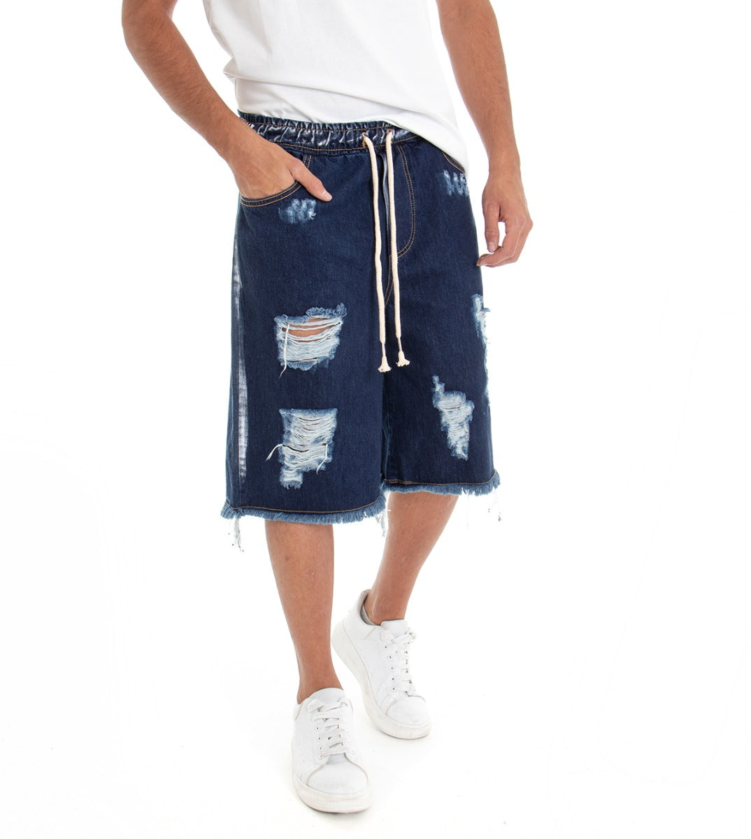 Bermuda Pantaloncino Uomo Jeans Corto Shorts Denim Blu Scuro Over Rotture Elastico GIOSAL-PC1516A