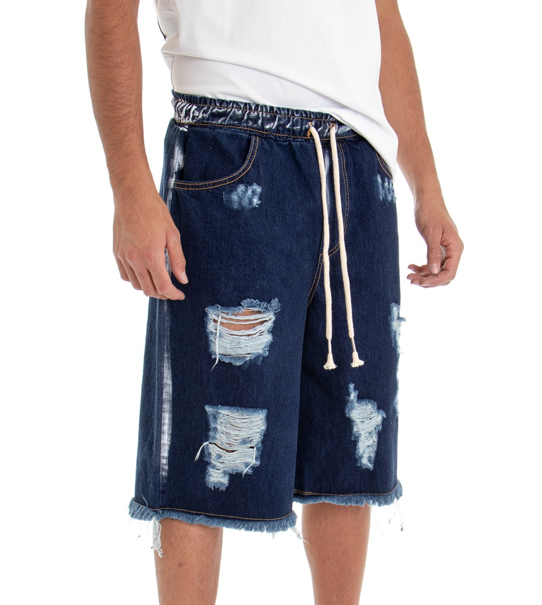 Bermuda Pantaloncino Uomo Jeans Corto Shorts Denim Blu Scuro Over Rotture Elastico GIOSAL-PC1516A