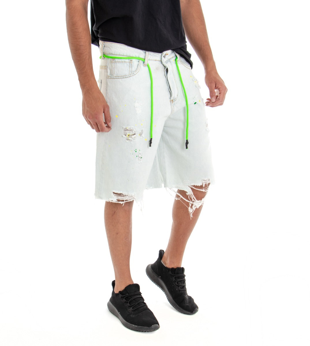 Bermuda Pantaloncino Uomo Pantaloncino Corto Shorts Denim Chiaro Rotture Macchie Pittura Over GIOSAL-PC1518A