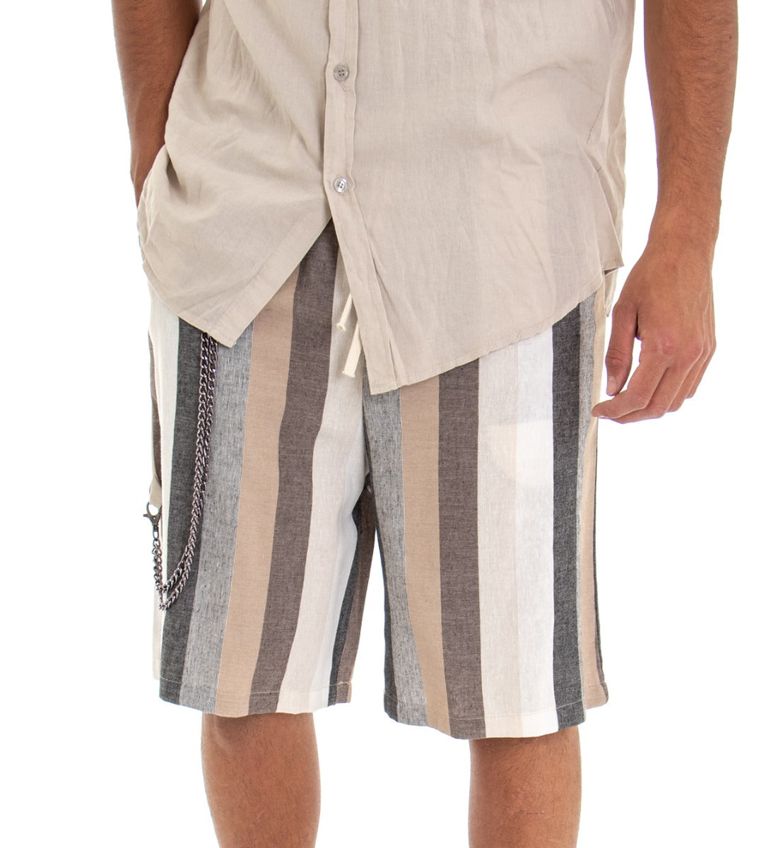 Bermuda Pantaloncino Uomo Shorts Lino Righe Rigato Elastico GIOSAL-PC1519A