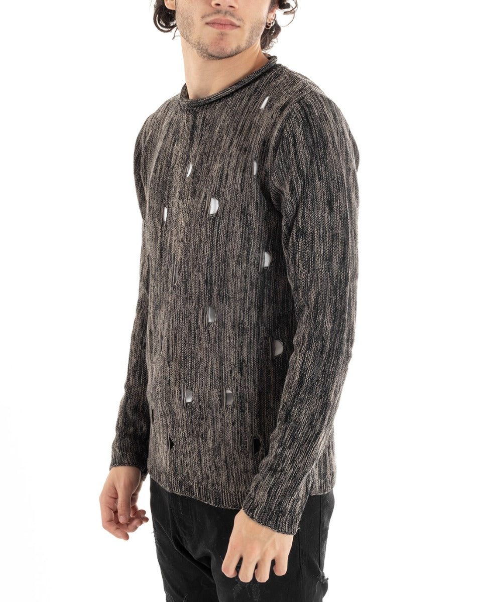 Maglioncino Uomo Maglia Maglione Girocollo Rotture Nero Bucata Casual GIOSAL-M1530A