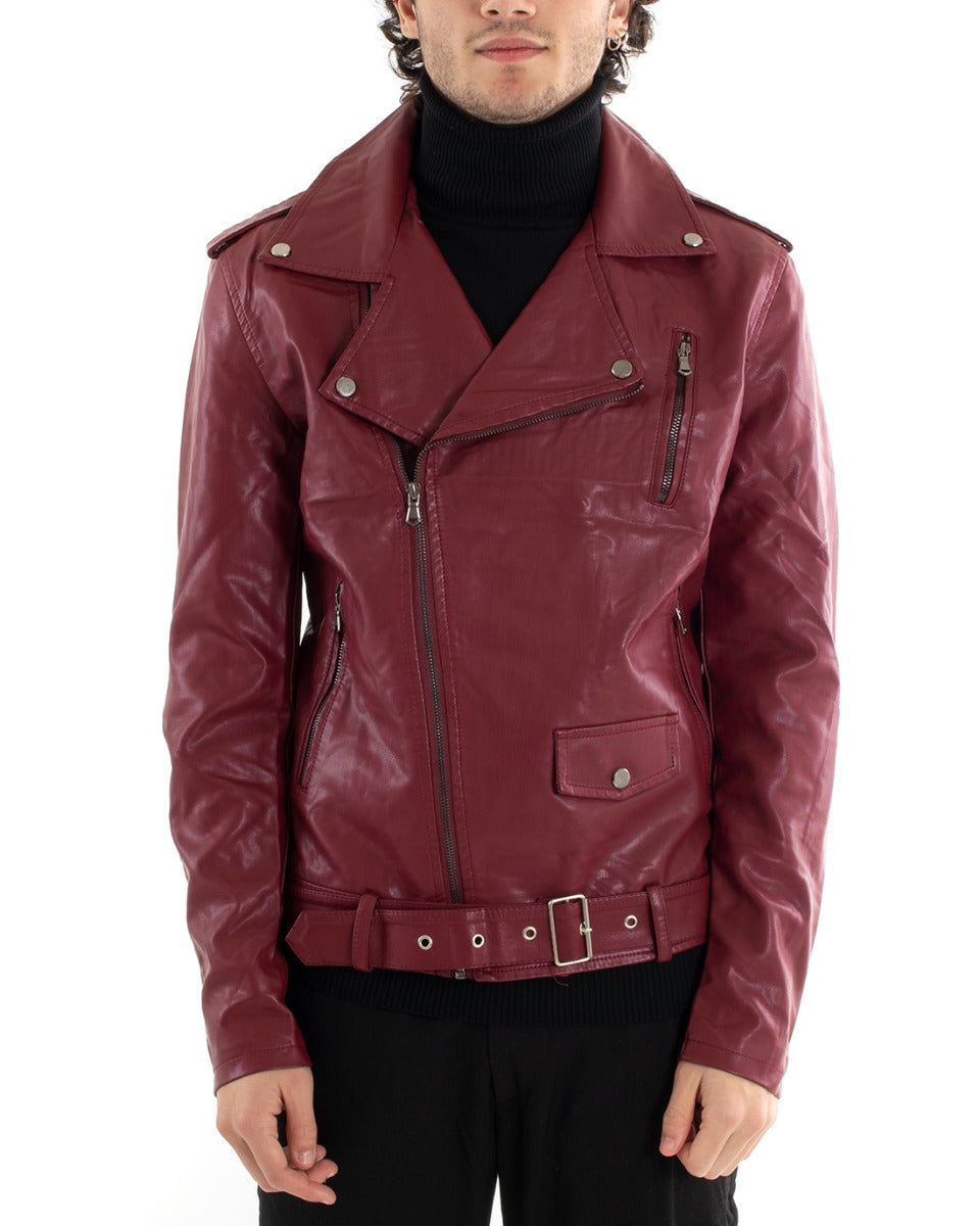 Giubbotto Uomo Chiodo Ecopelle Tinta Unita Bordeaux Casual Biker GIOSAL-G2476A