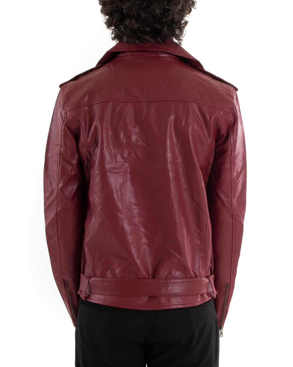 Giubbotto Uomo Chiodo Ecopelle Tinta Unita Bordeaux Casual Biker GIOSAL-G2476A