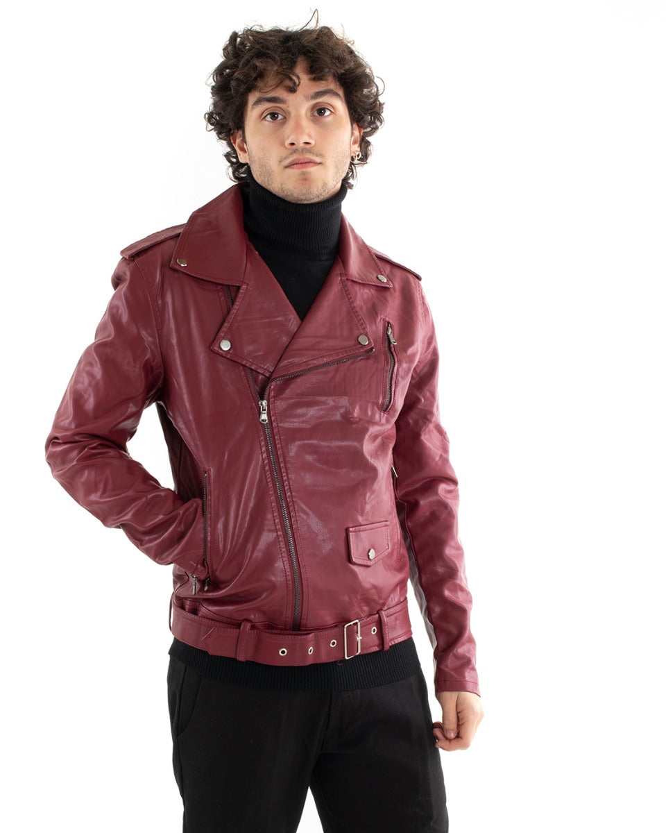 Giubbotto Uomo Chiodo Ecopelle Tinta Unita Bordeaux Casual Biker GIOSAL-G2476A