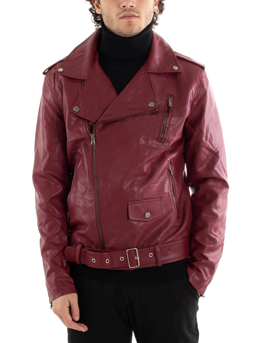 Giubbotto Uomo Chiodo Ecopelle Tinta Unita Bordeaux Casual Biker GIOSAL-G2476A