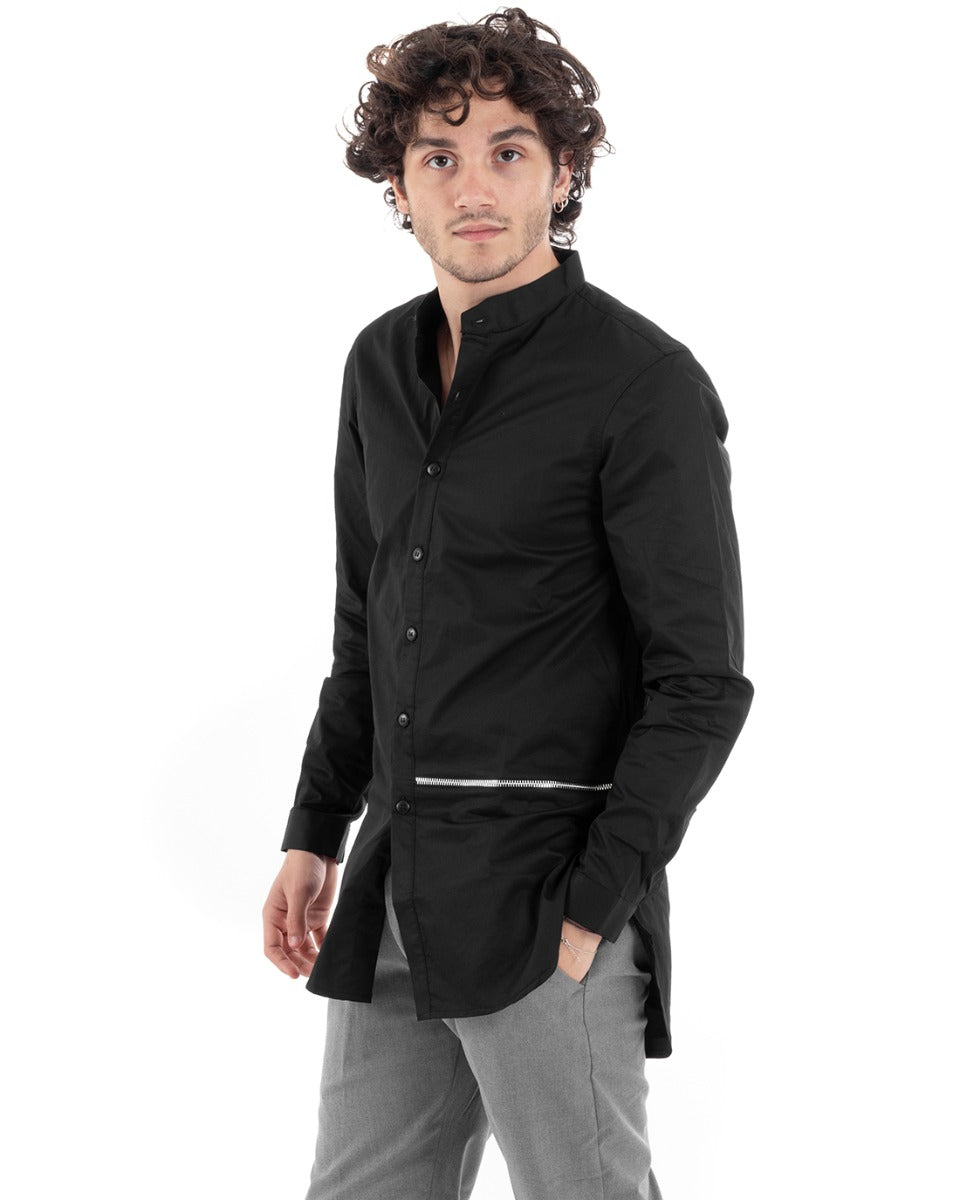 Camicia Uomo Collo Coreano Nero Manica Lunga Slim Fit Casual Cotone GIOSAL-C1244A
