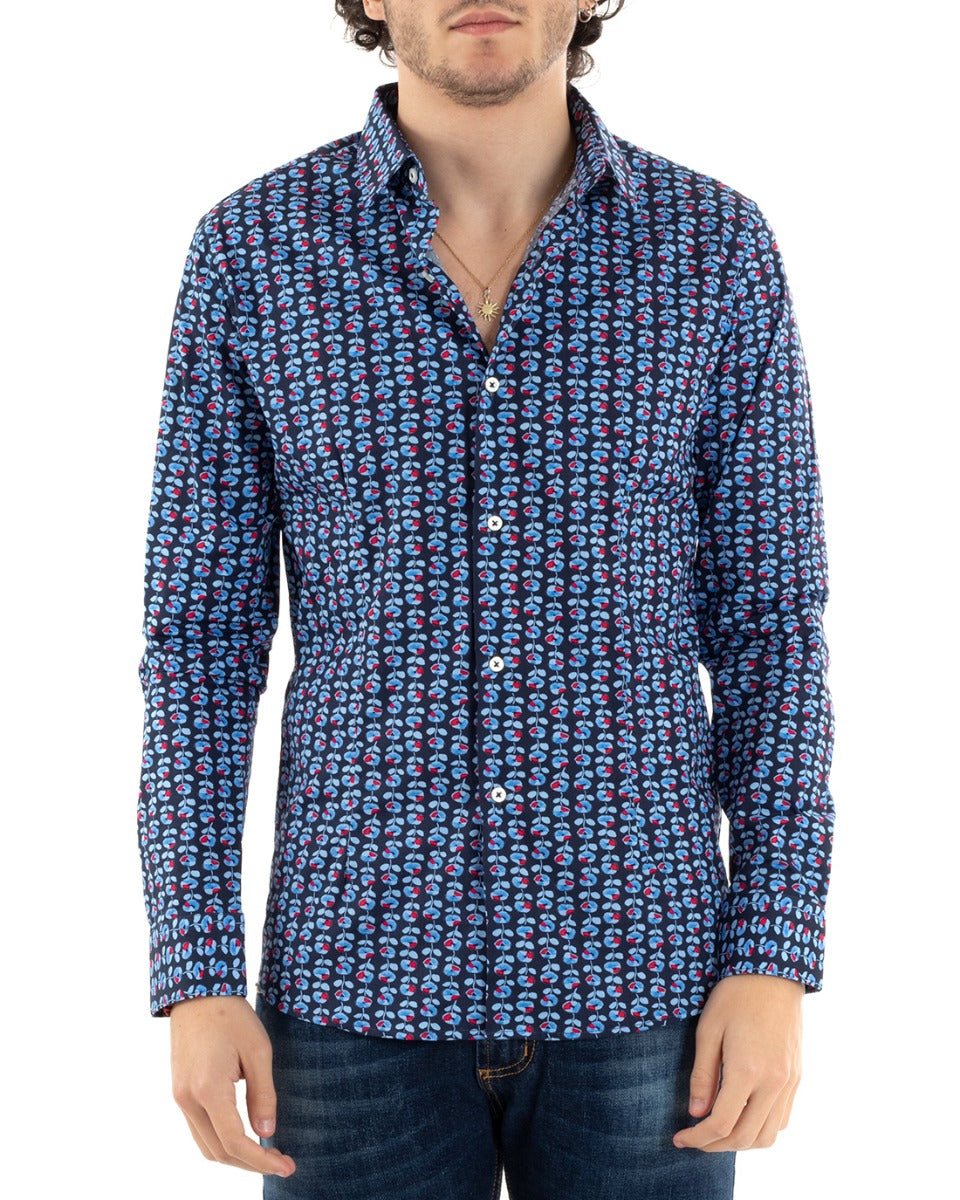Camicia Uomo Con Colletto Manica Lunga Slim Fit Casual Cotone Fantasia Floreale Blu GIOSAL-C1166A