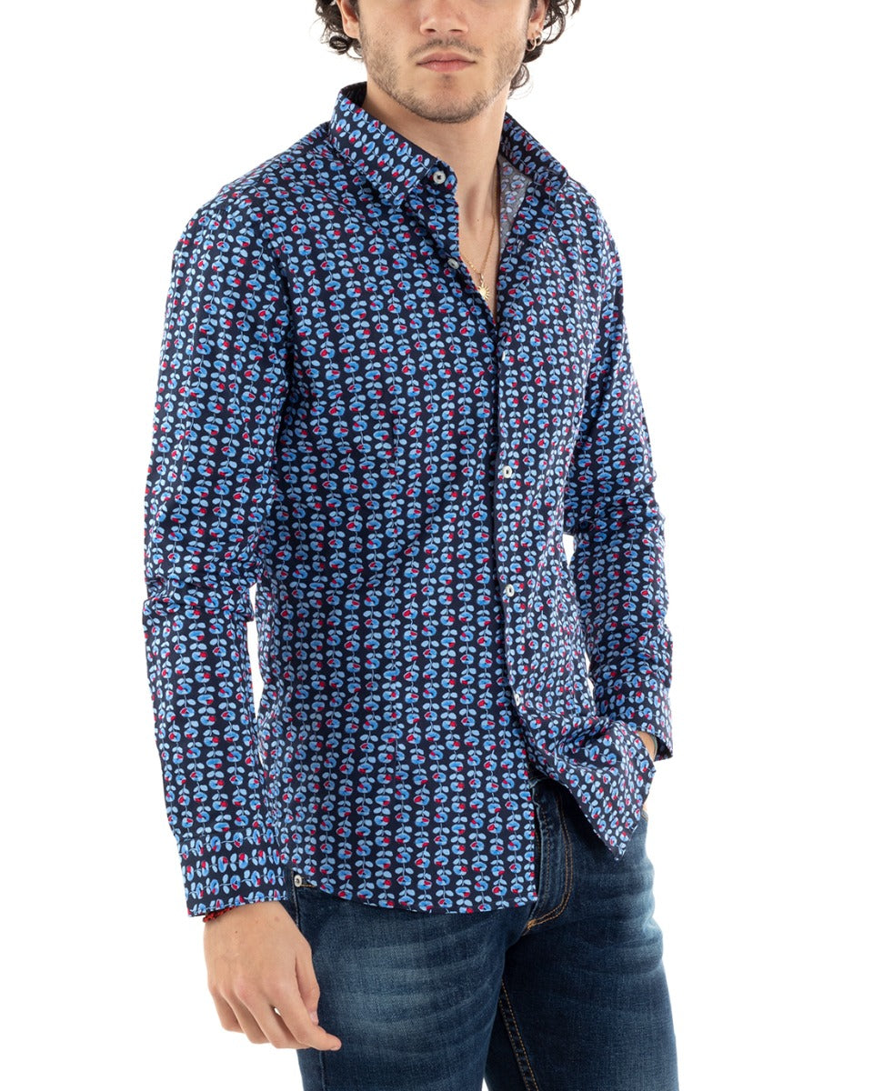 Camicia Uomo Con Colletto Manica Lunga Slim Fit Casual Cotone Fantasia Floreale Blu GIOSAL-C1166A