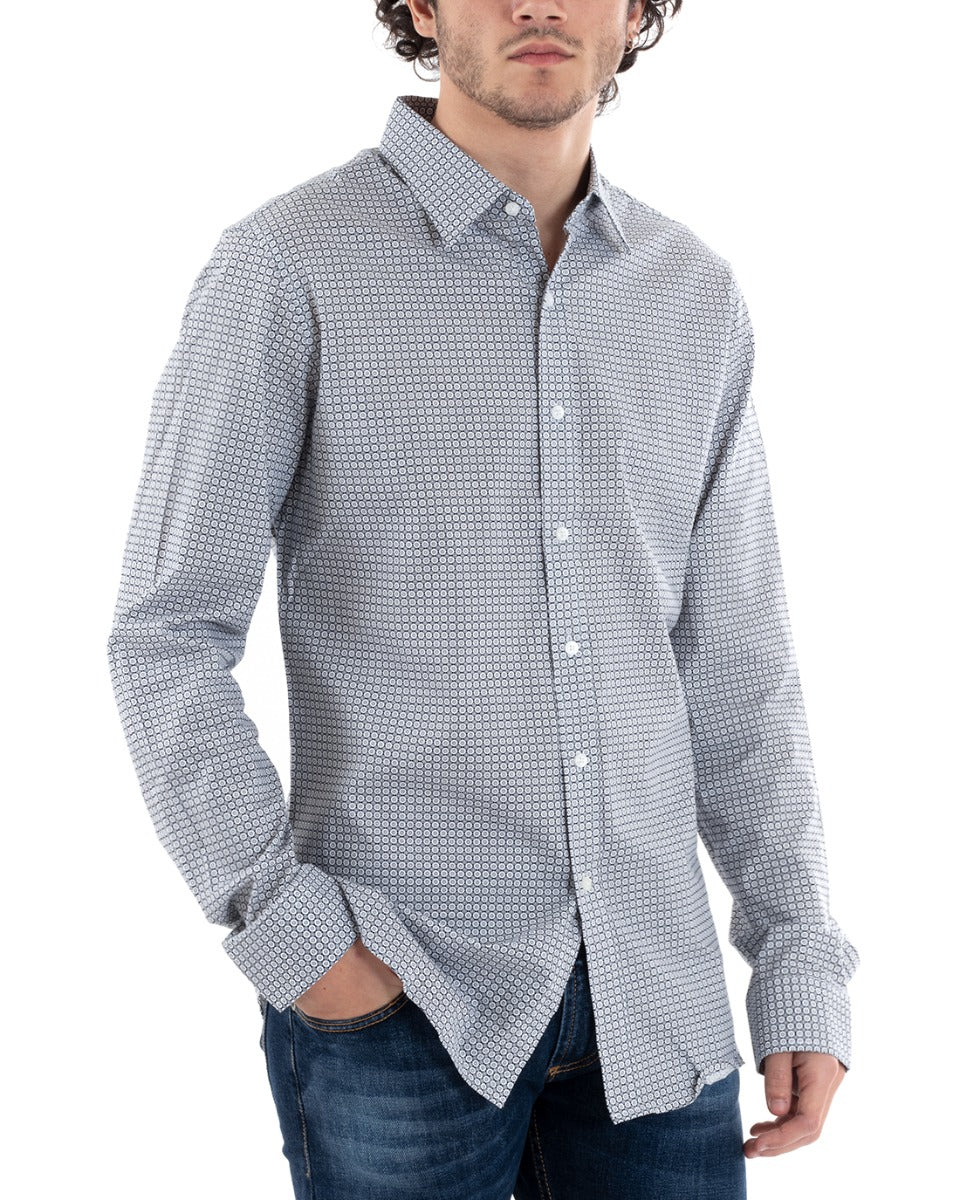Camicia Uomo Con Colletto Manica Lunga Slim Fit Casual Cotone Fantasia Pois Blu GIOSAL-C1124A