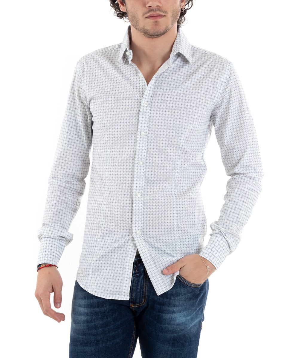 Camicia Uomo Con Colletto Manica Lunga Slim Fit Casual Cotone Microfantasia Bianco GIOSAL-C1381A