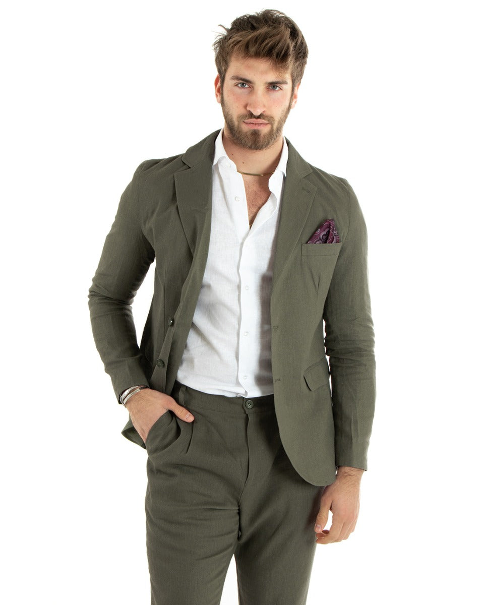 Abito Uomo Monopetto Completo Lino Sartoriale Giacca Pantaloni Tinta Unita Verde GIOSAL-OU2323A