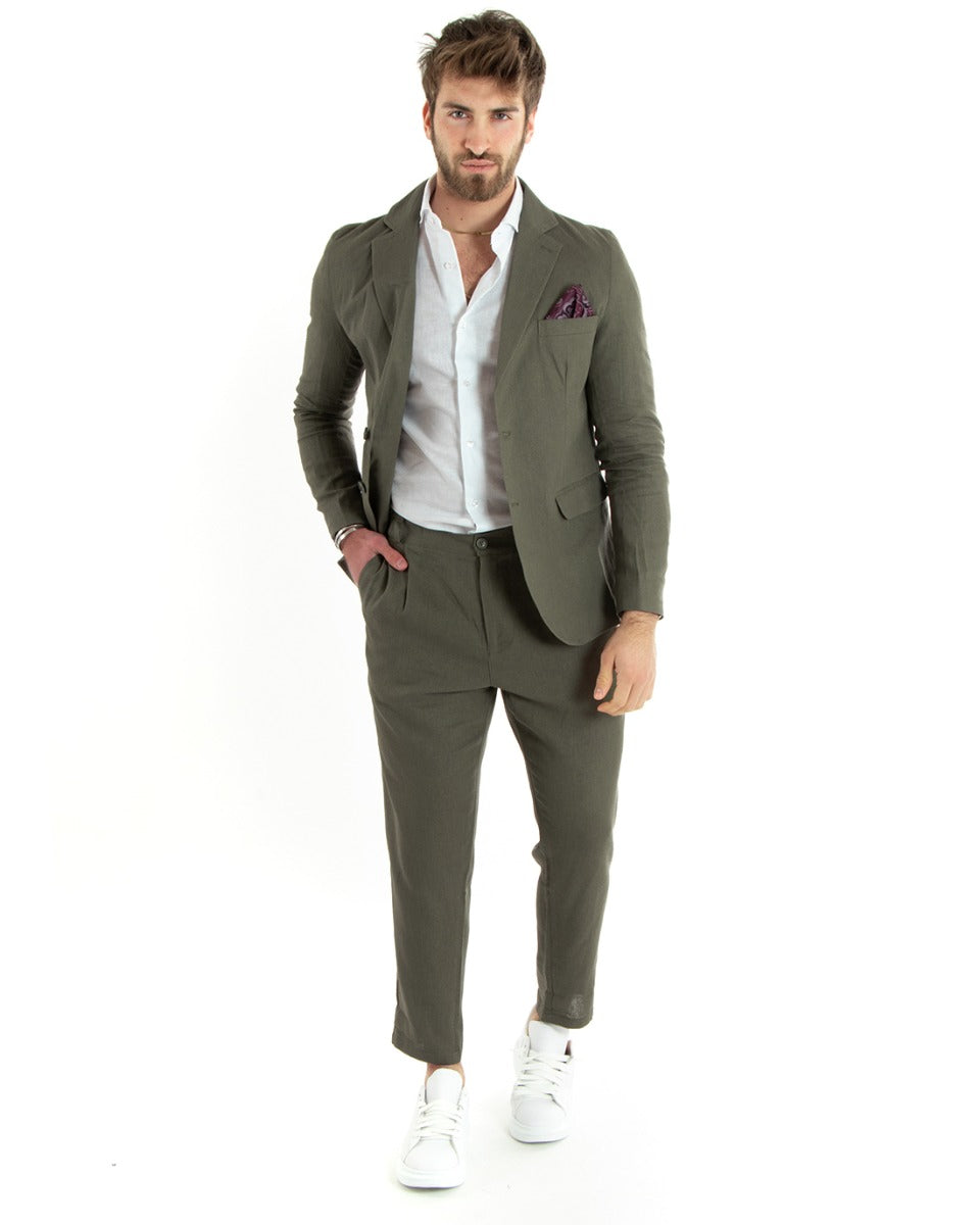 Abito Uomo Monopetto Completo Lino Sartoriale Giacca Pantaloni Tinta Unita Verde GIOSAL-OU2323A