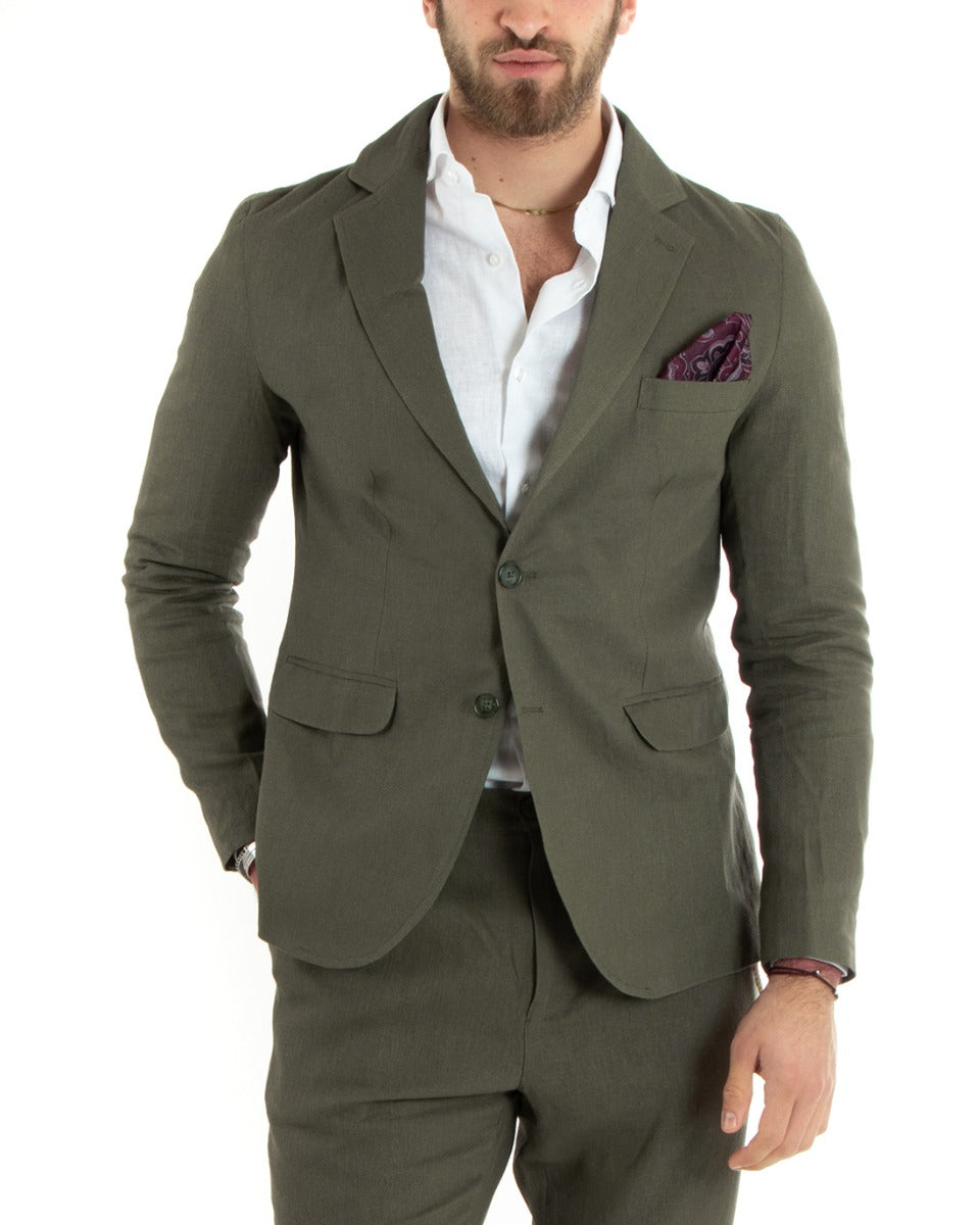 Abito Uomo Monopetto Completo Lino Sartoriale Giacca Pantaloni Tinta Unita Verde GIOSAL-OU2323A