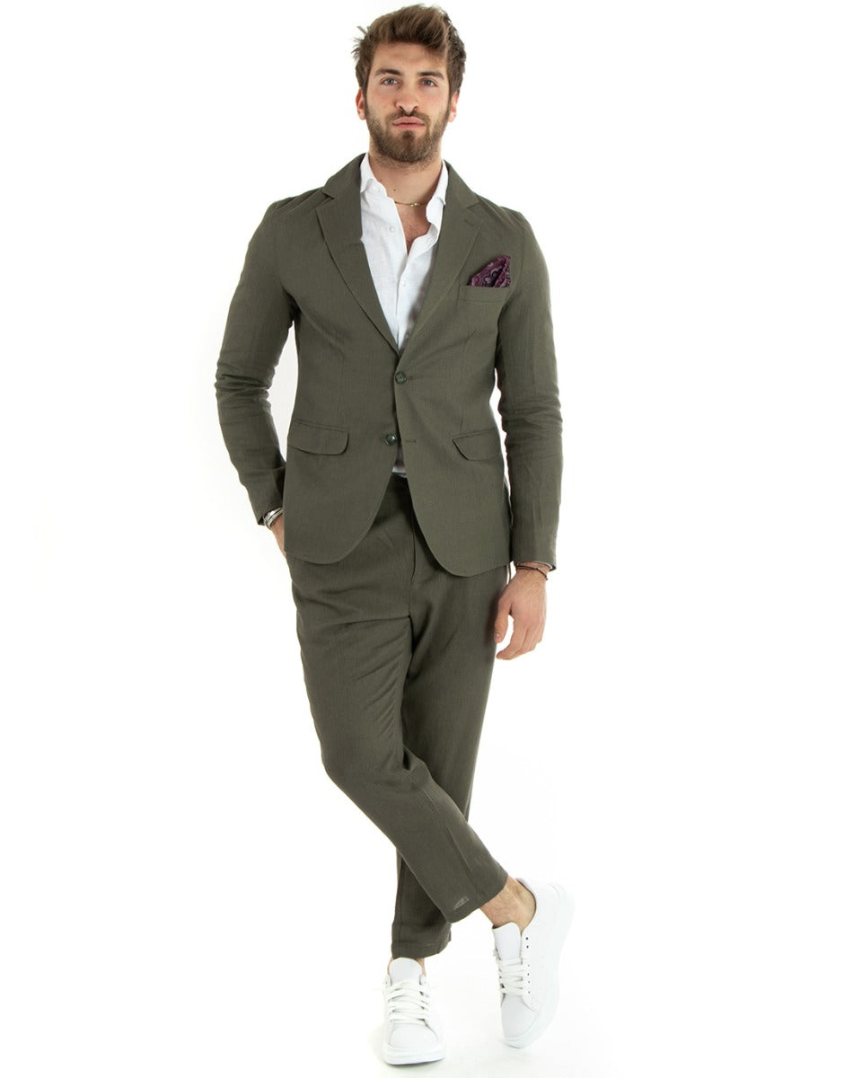 Abito Uomo Monopetto Completo Lino Sartoriale Giacca Pantaloni Tinta Unita Verde GIOSAL-OU2323A