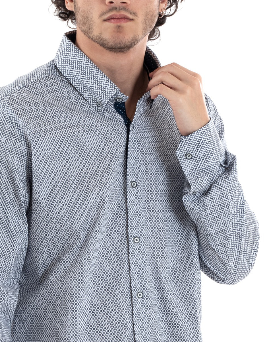 Camicia Uomo Con Colletto Manica Lunga Slim Fit Casual Cotone Fantasia Pois Blu GIOSAL-C1181A