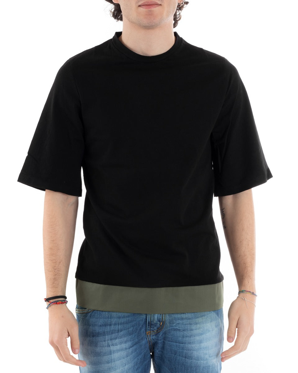 T-Shirt Uomo Akirò Tinta Unita Nera Girocollo Riga Verde Cotone Manica Corta GIOSAL-TS1924A