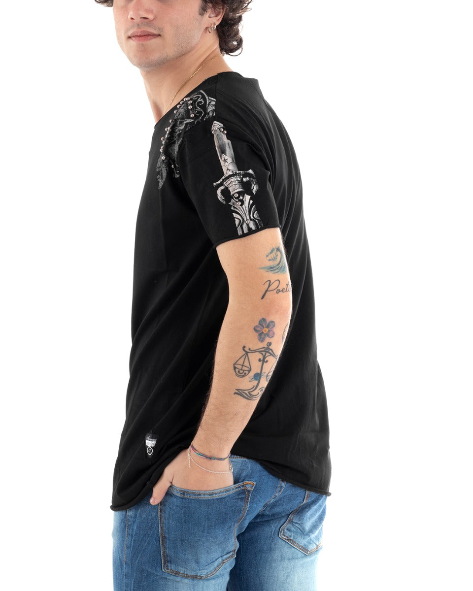 T-Shirt Uomo Mezza Manica Nera Teschio Laterale Borchie Girocollo Casual Slim Tinta Unita GIOSAL