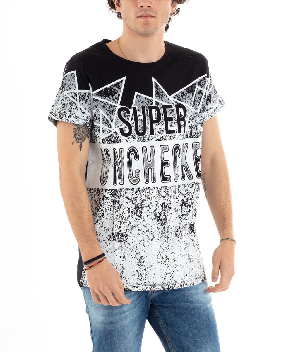 T-Shirt Uomo Girocollo Manica Corta Stampa Scritta Bicolore Bianca Nera Super Casual GIOSAL