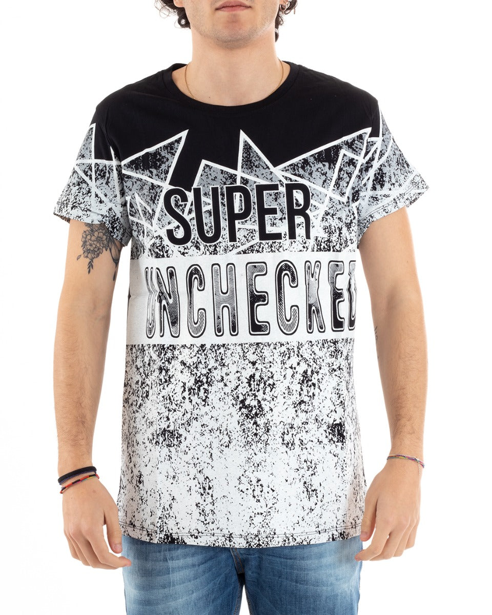 T-Shirt Uomo Girocollo Manica Corta Stampa Scritta Bicolore Bianca Nera Super Casual GIOSAL