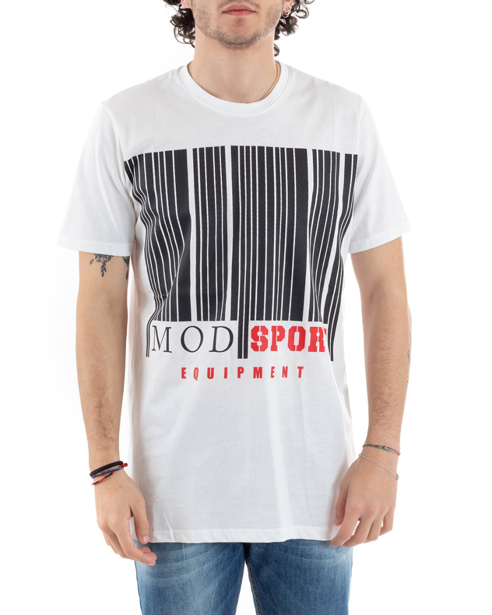 T-Shirt Uomo MOD Bianca Stampa Scritta Righe Manica Corta Girocollo Casual GIOSAL-TS1745A