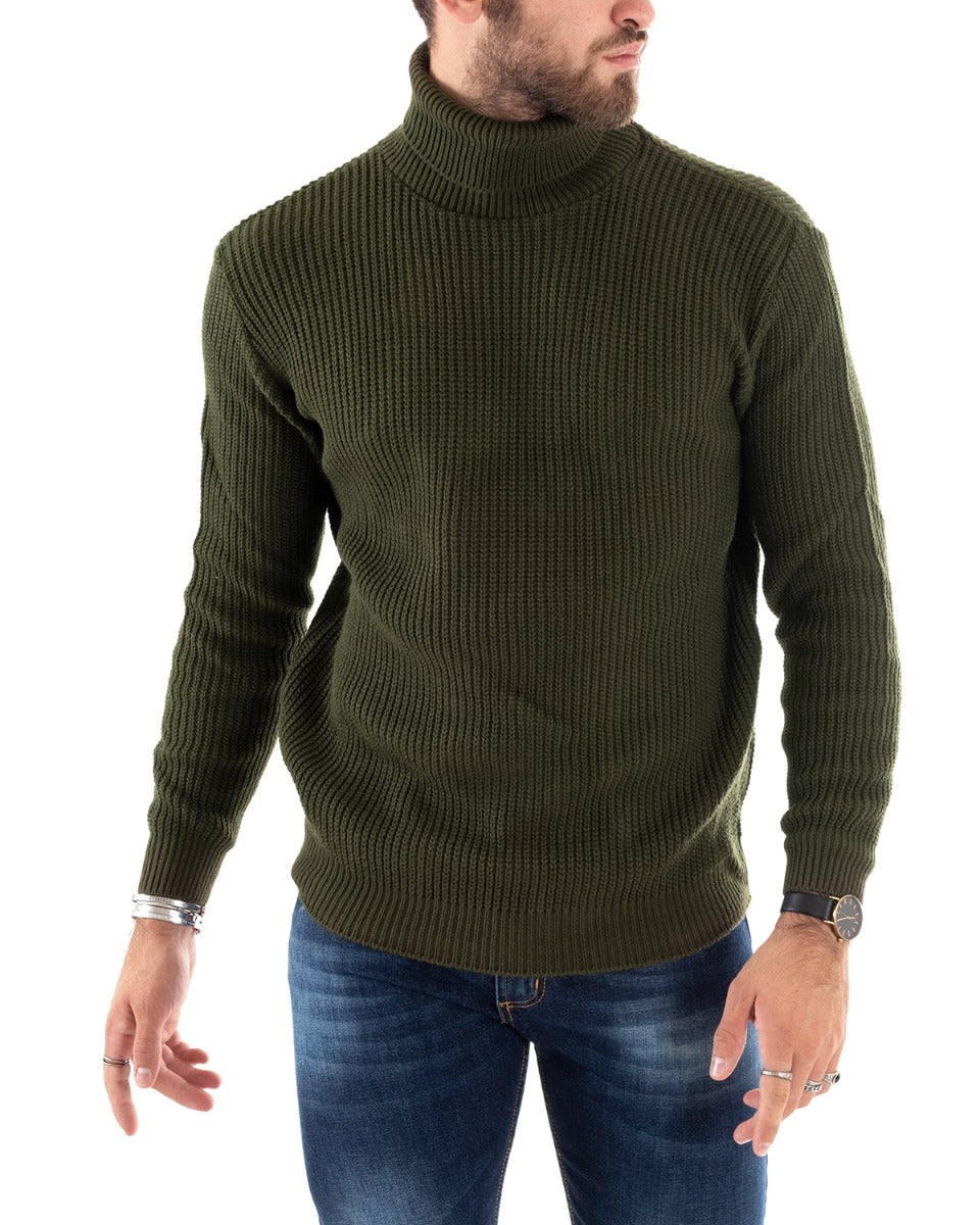 Maglioncino Uomo Collo Alto Tinta Unita Verde Militare Maglia Inglese