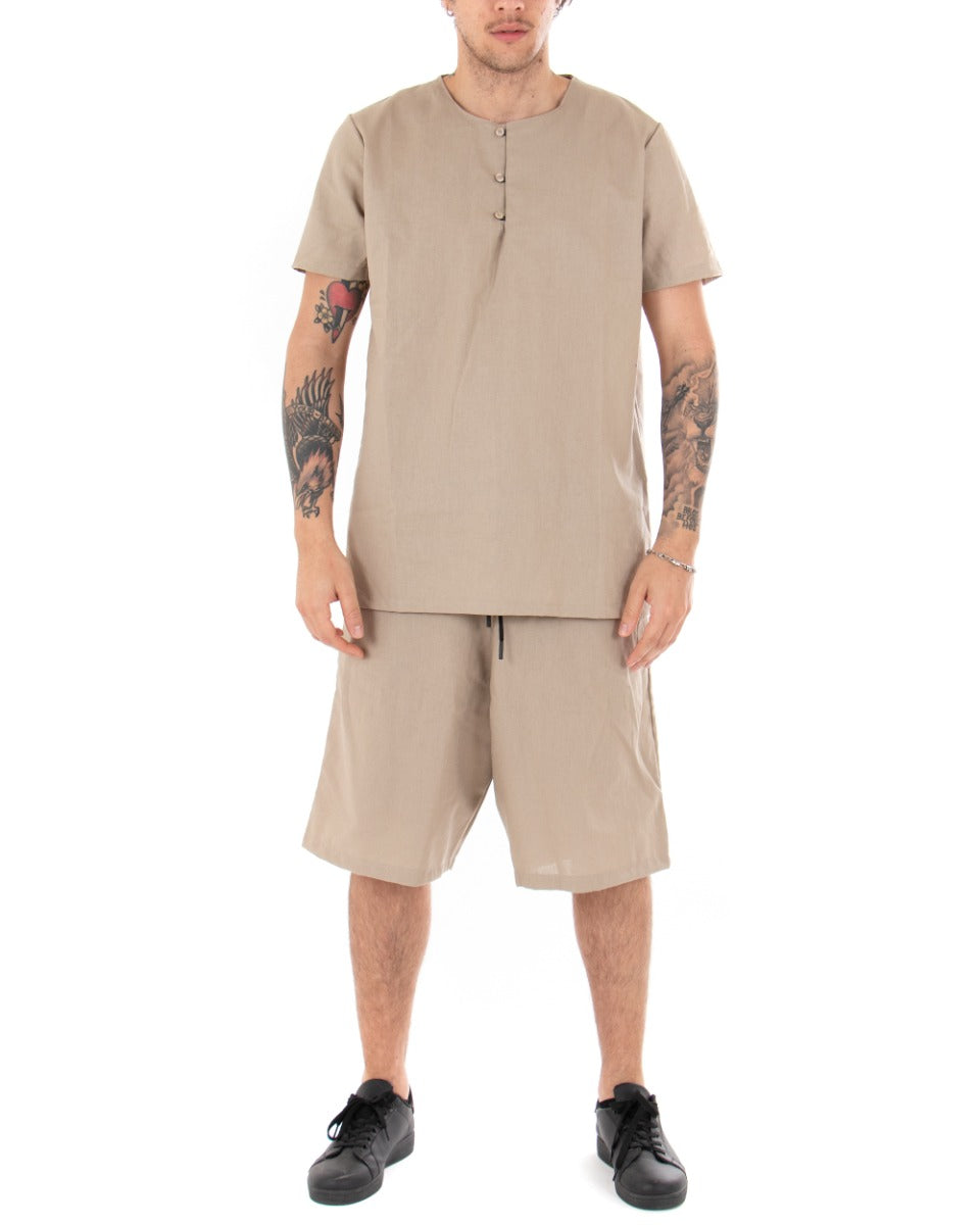 Camicia Uomo Tinta Unita Manica Corta Beige Serafino Girocollo Casual GIOSAL-CC1131A