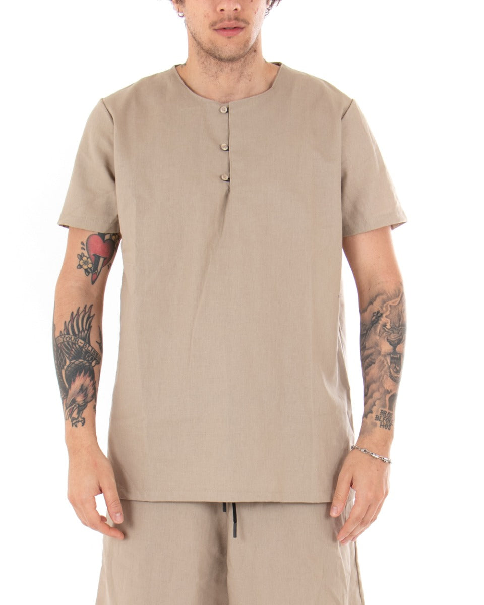 Camicia Uomo Tinta Unita Manica Corta Beige Serafino Girocollo Casual GIOSAL-CC1131A