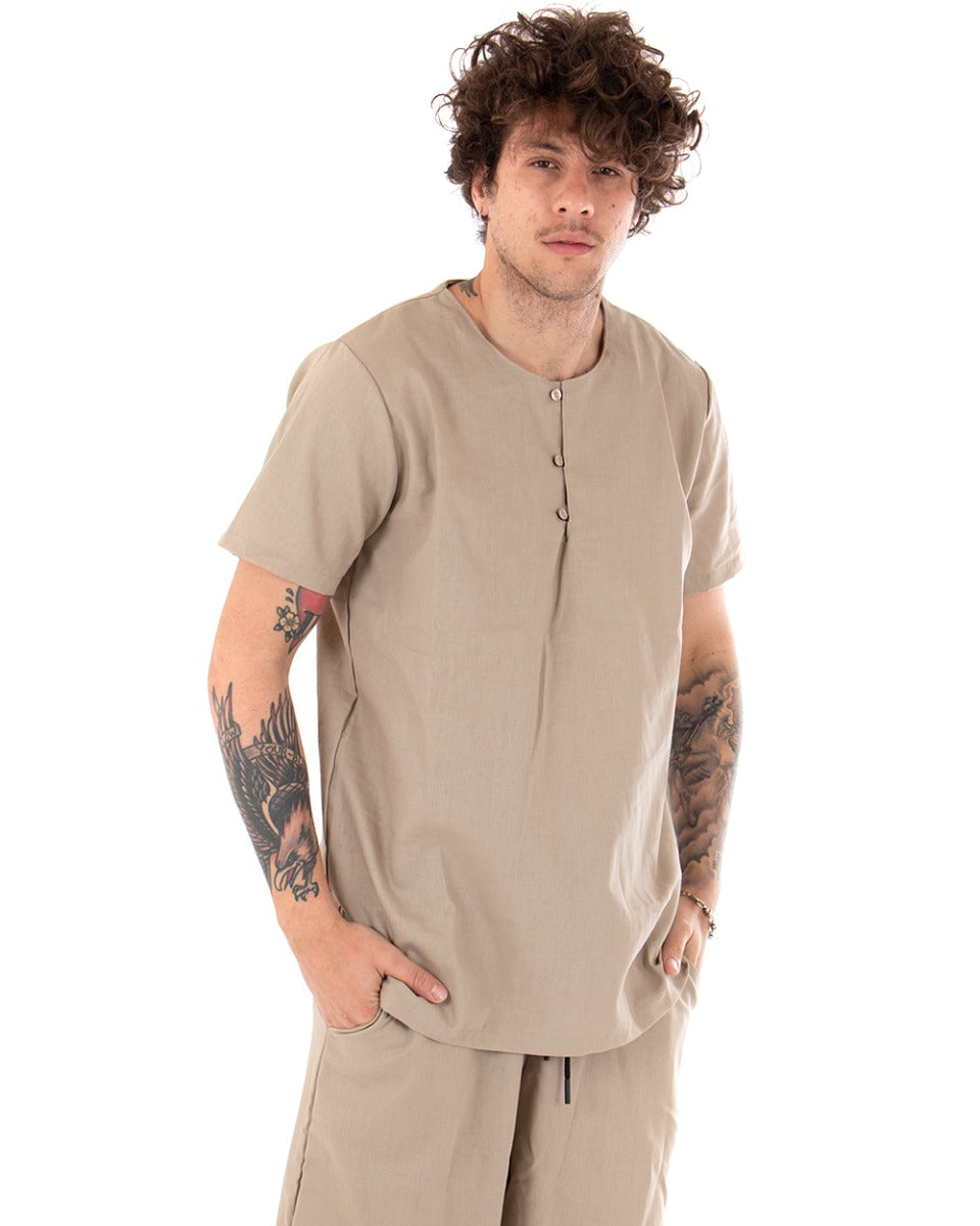 Camicia Uomo Tinta Unita Manica Corta Beige Serafino Girocollo Casual GIOSAL-CC1131A