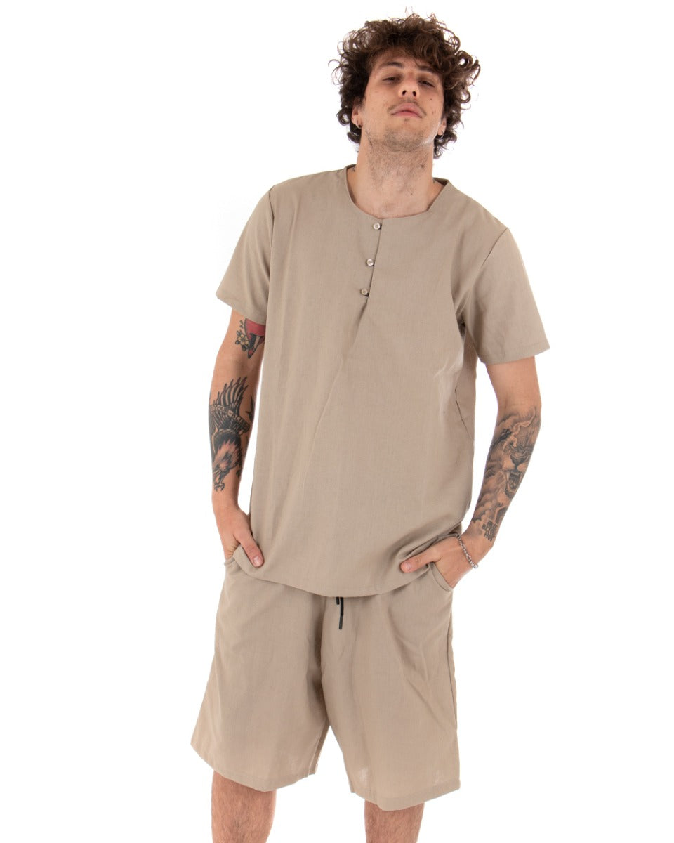 Camicia Uomo Tinta Unita Manica Corta Beige Serafino Girocollo Casual GIOSAL-CC1131A