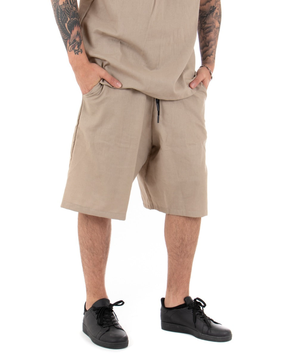 Bermuda Pantaloncino Uomo Cotone Beige Casual Elastico Over GIOSAL-PC1668A