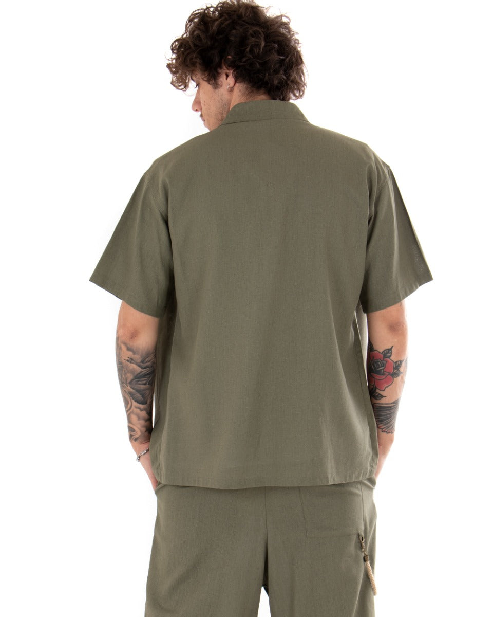 Camicia Uomo Manica Corta Lino Tinta Unita Verde Tasca Casual Colletto GIOSAL-CC1115A
