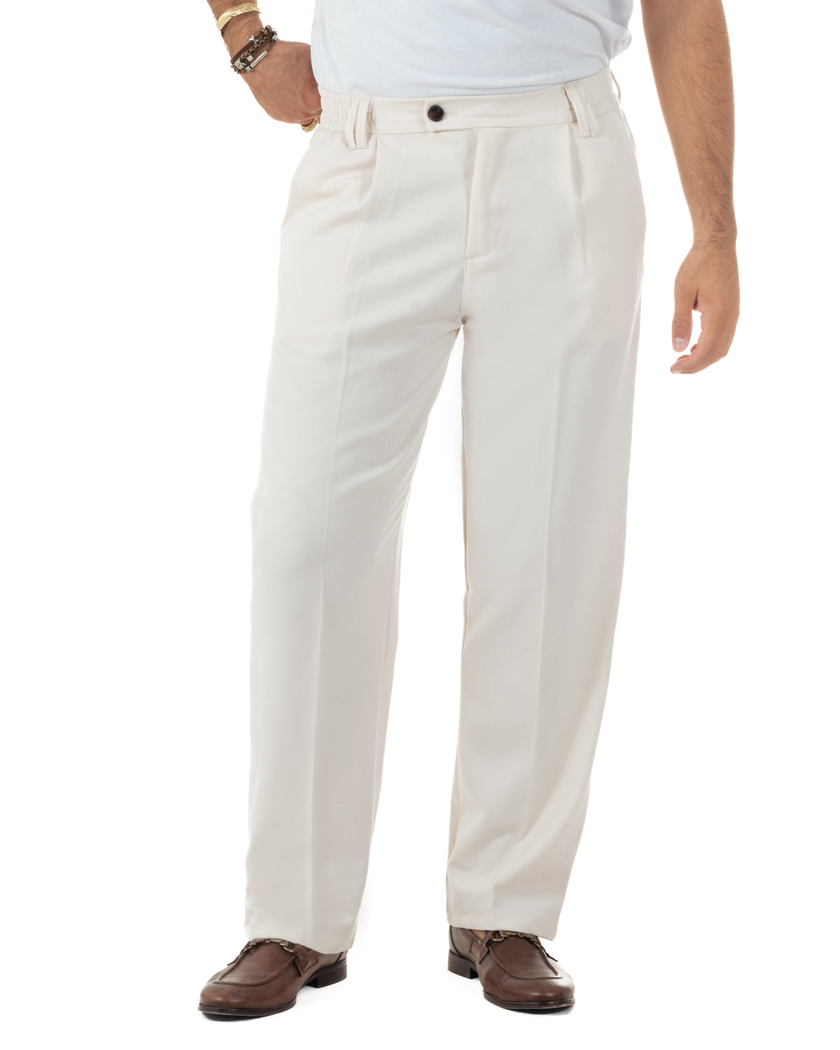Pantaloni Uomo Viscosa Baggy Fondo Ampio Abbottonatura Allungata Panna P5915A