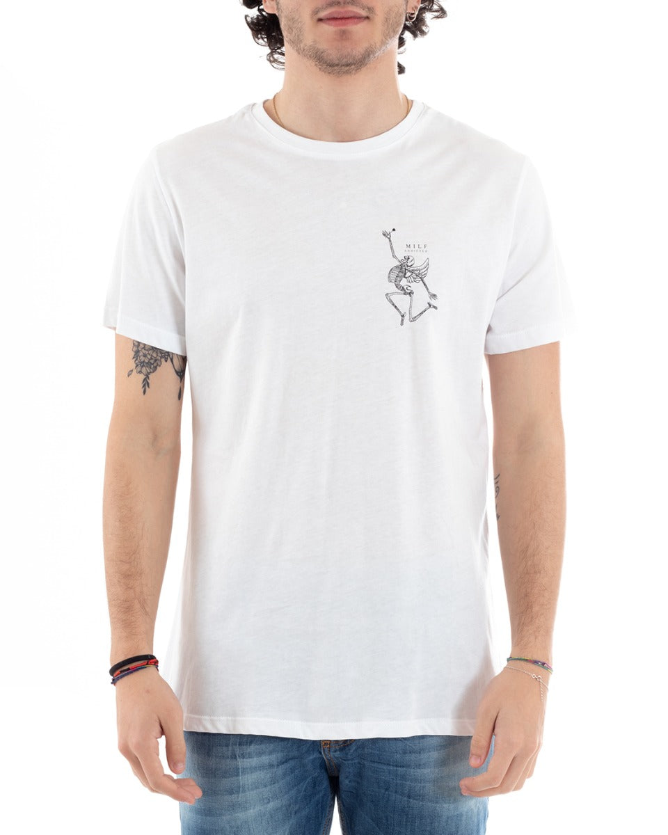 T-Shirt Uomo MOD Stampa Disegno Teschio Bianca Girocollo Cotone GIOSAL