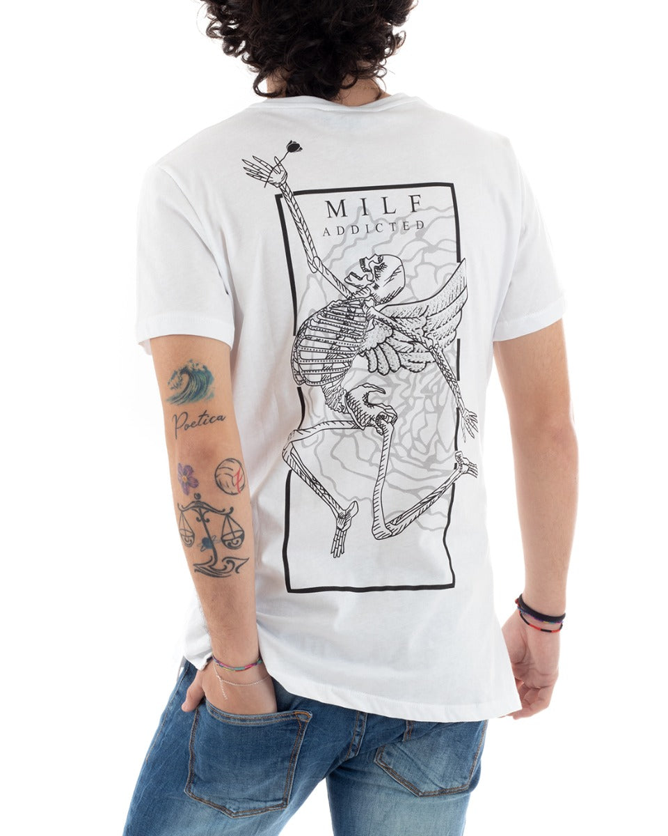 T-Shirt Uomo MOD Stampa Disegno Teschio Bianca Girocollo Cotone GIOSAL